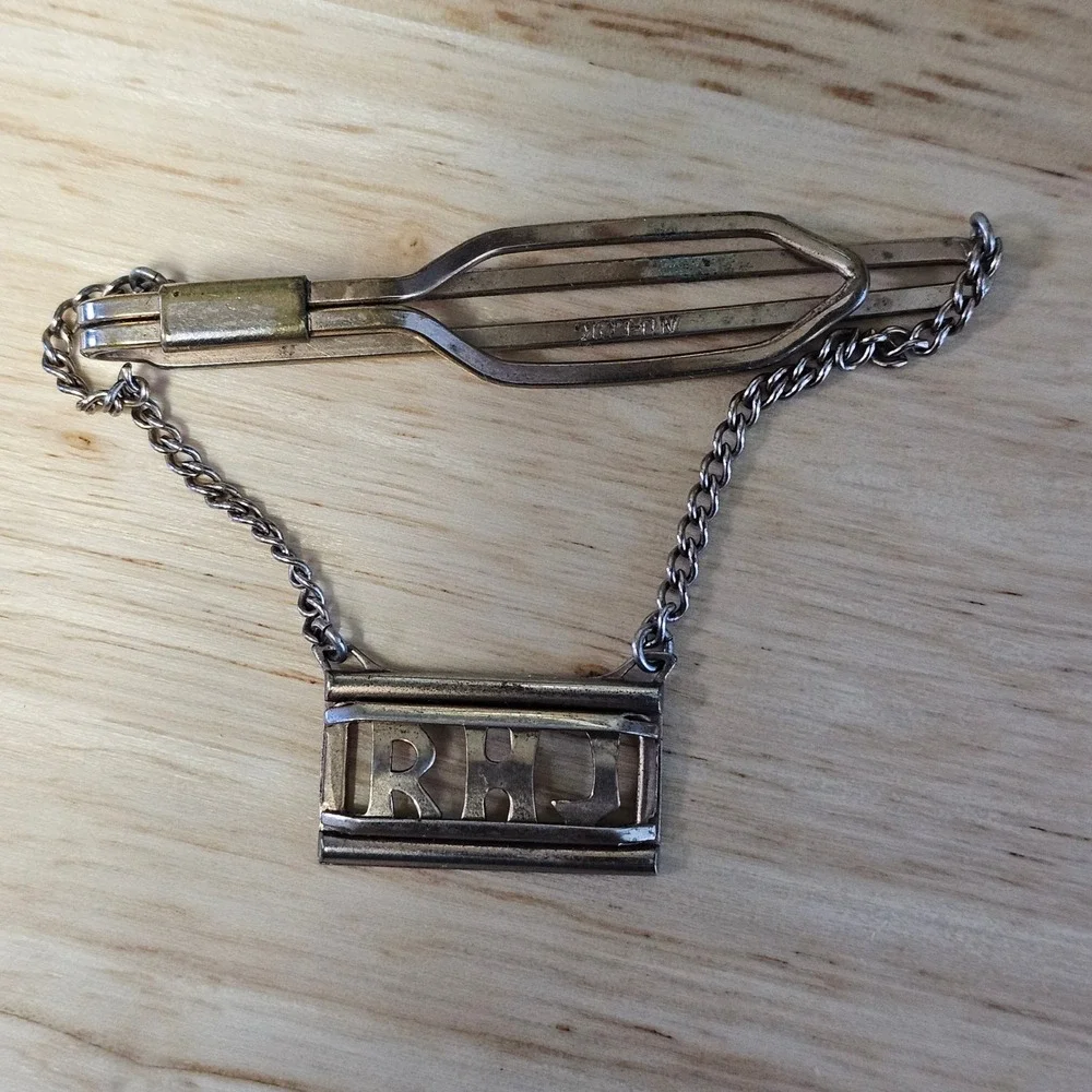 Vintage RHJ Monogram Tie Clip Chain Silver Tone Men Accessory